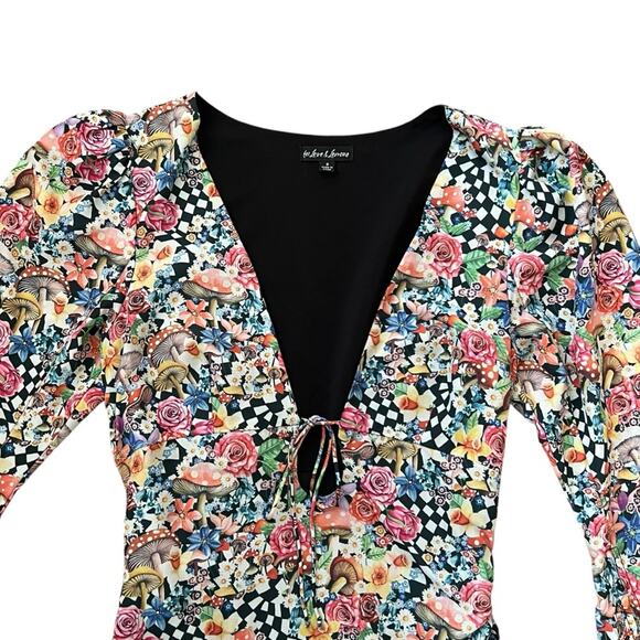 For Love & Lemons Womens June Bell Sleeve Black Checkerboard Mushroom Mini Dress - Picture 3 of 14